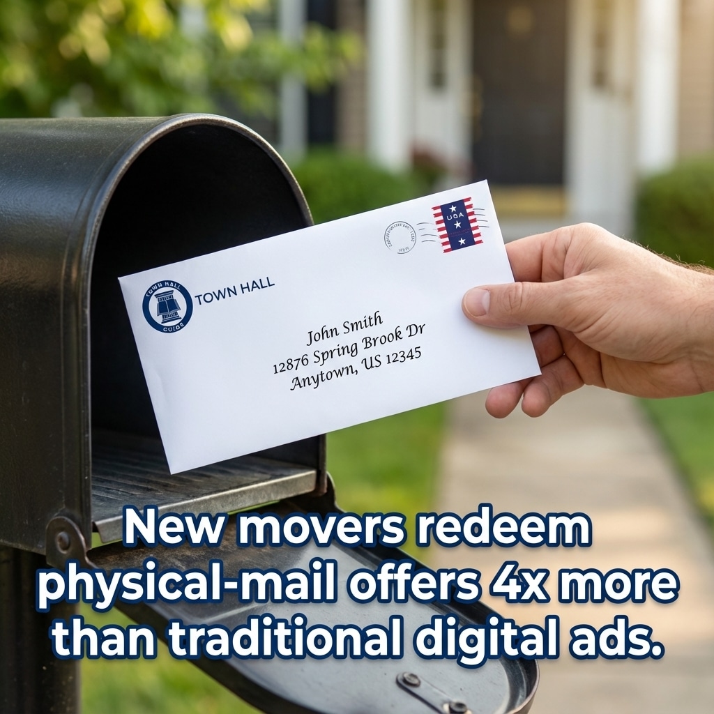Hand inserts a white envelope into a mailbox; overlay text reads 'New movers redeem physical-mail offers 4x more than traditional digital ads.'