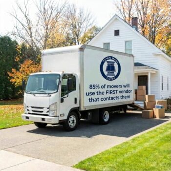 Moving truck parked in a suburban driveway with boxes stacked by the house; text on the truck reads: '85% of movers will use the FIRST vendor that contacts them.'